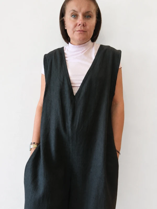 Ogrodniczki damskie 100% len- Oversize czarne