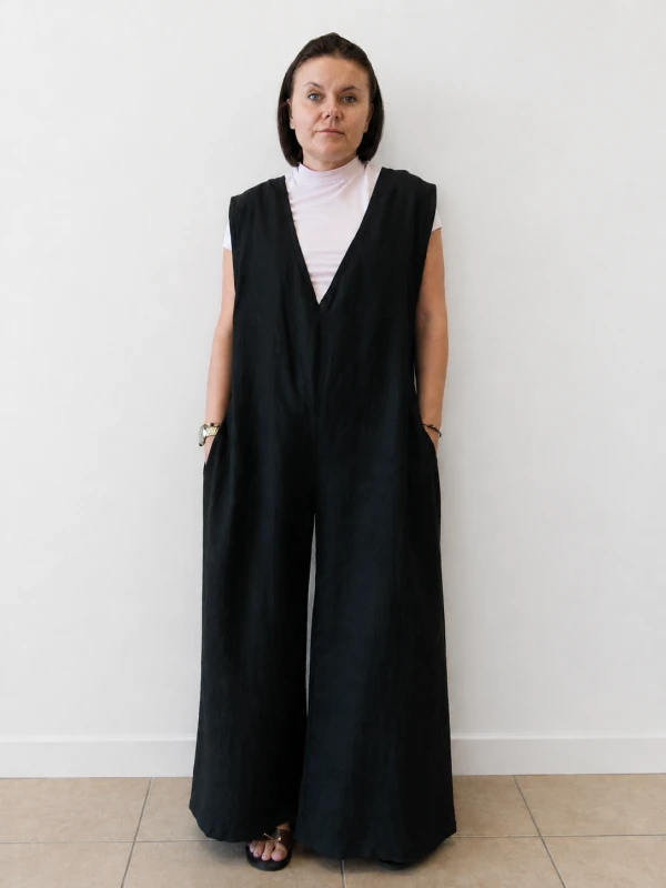 Ogrodniczki damskie 100% len- Oversize czarne