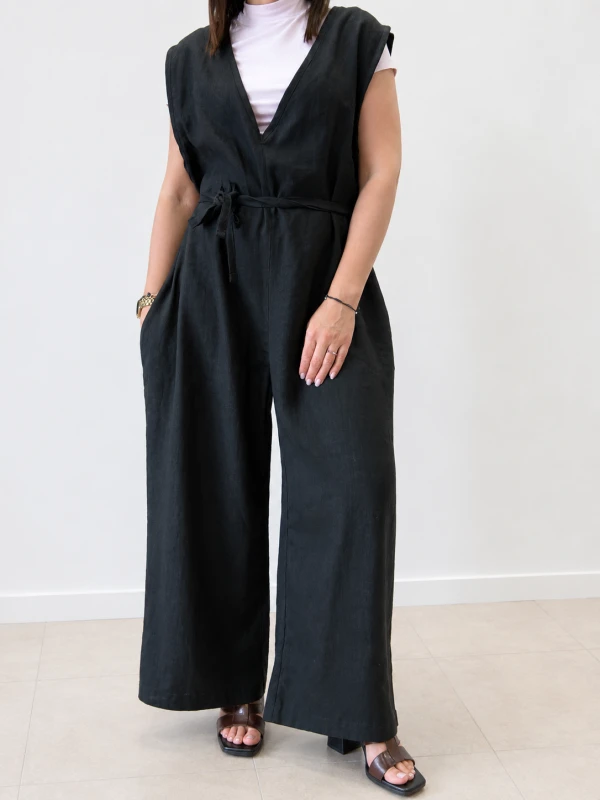 Ogrodniczki damskie 100% len- Oversize czarne