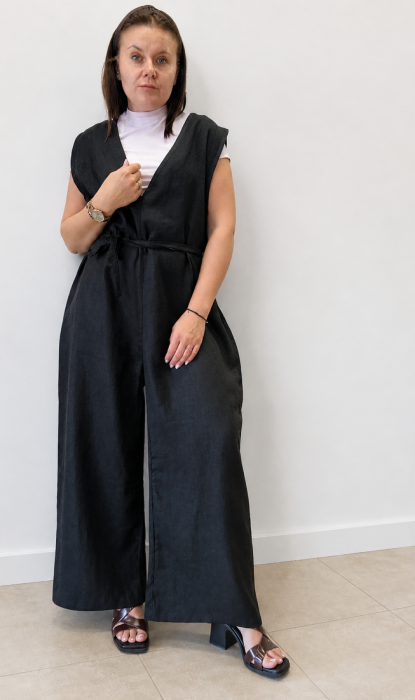 Ogrodniczki damskie 100% len- Oversize czarne