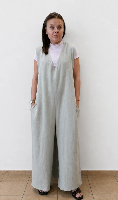 Ogrodniczki damskie 100% len- Oversize naturalny beż