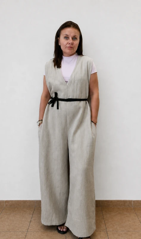 Ogrodniczki damskie 100% len- Oversize naturalny beż