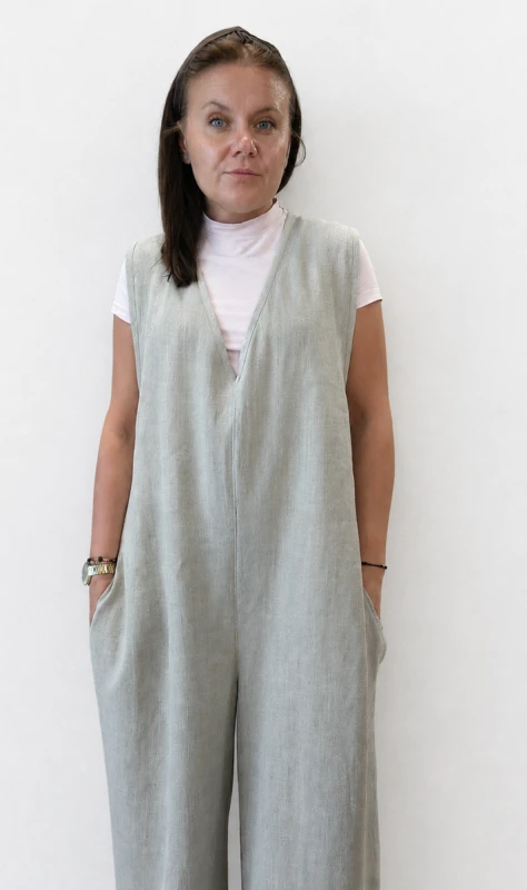 Ogrodniczki damskie 100% len- Oversize naturalny beż