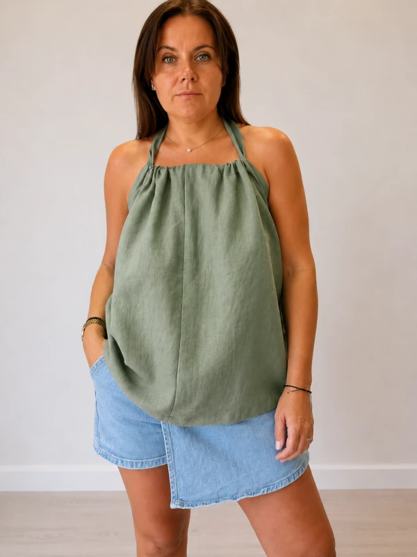 Fantazyjny lniany top z odkrytymi plecami- avocado