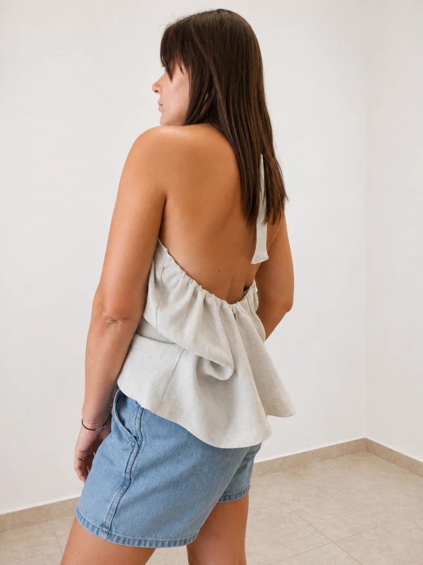 Fantazyjny lniany top z odkrytymi plecami- naturalny