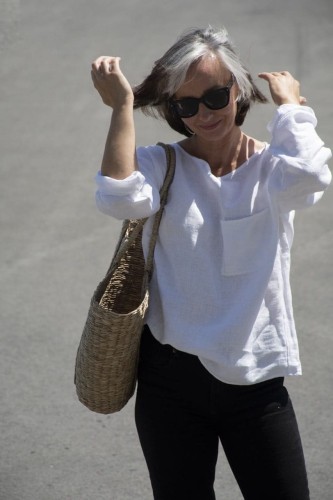 Lniana Bluzka damska - Z KIESZONKĄ, biała