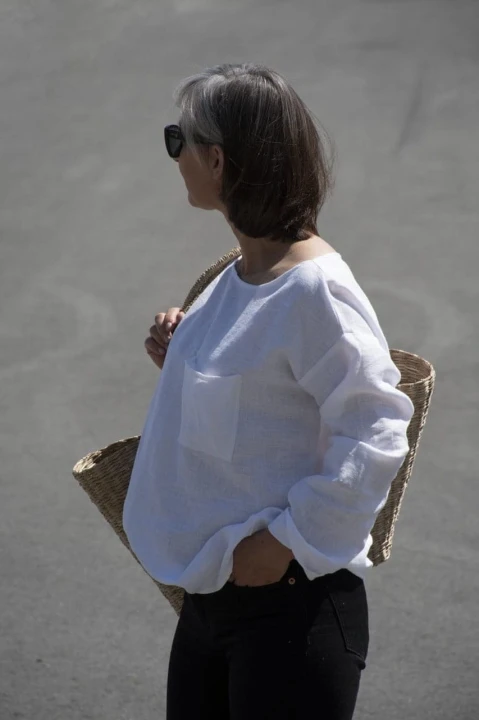 Lniana Bluzka damska - Z KIESZONKĄ, biała