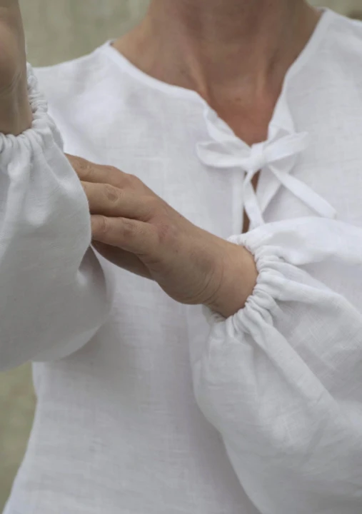 Lniana Bluzka damska - Z WIĄZANIAMI, biała