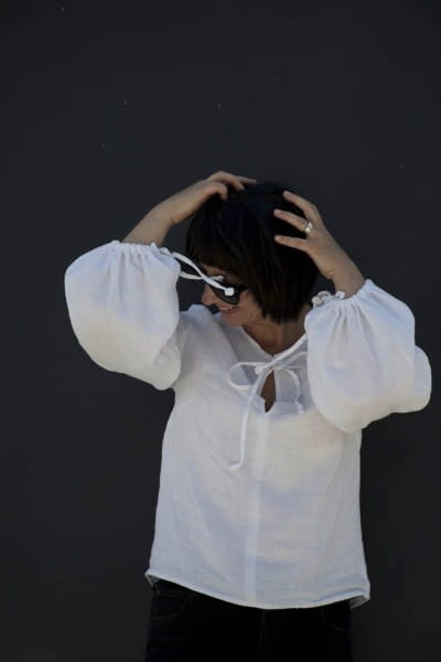 Lniana Bluzka damska - Z WIĄZANIAMI, biała