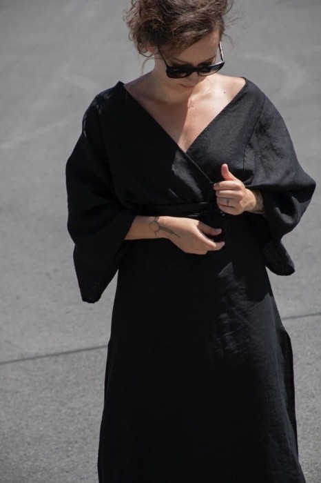 Lniana Sukienka damska - KIMONOWY rękaw, czarna