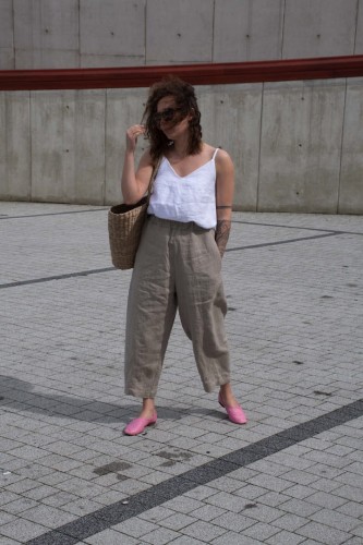 Lniane Spodnie damskie - WYSOKI STAN, LUŹNE - naturalne