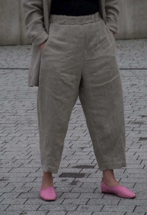 Lniane Spodnie damskie - WYSOKI STAN, LUŹNE - naturalne