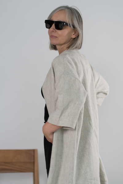 Lniany elegancki Płaszcz / Żakiet damski - NIEZAPINANY, naturalny