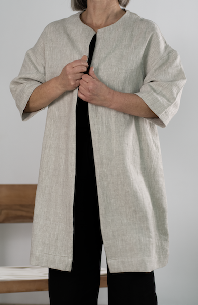 Lniany elegancki Płaszcz / Żakiet damski - NIEZAPINANY, naturalny