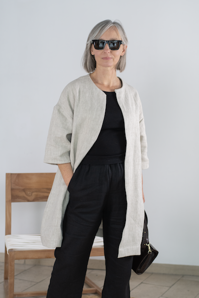 Lniany elegancki Płaszcz / Żakiet damski - NIEZAPINANY, naturalny